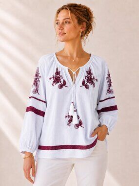 Velvet Graham & Spencer Embellished Peasant Top Blue Stripe Cotton Size M